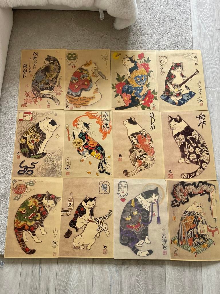 Japanse monmom cat prints 12 stuks - 30x42cm, Ophalen