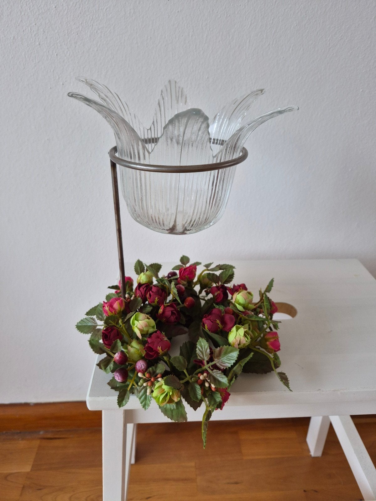 Vintage Partylite Sfeerlicht/Kaarsenstandaard +Bloemenkrans, Nieuw, Ophalen of Verzenden, Glas, Kandelaar