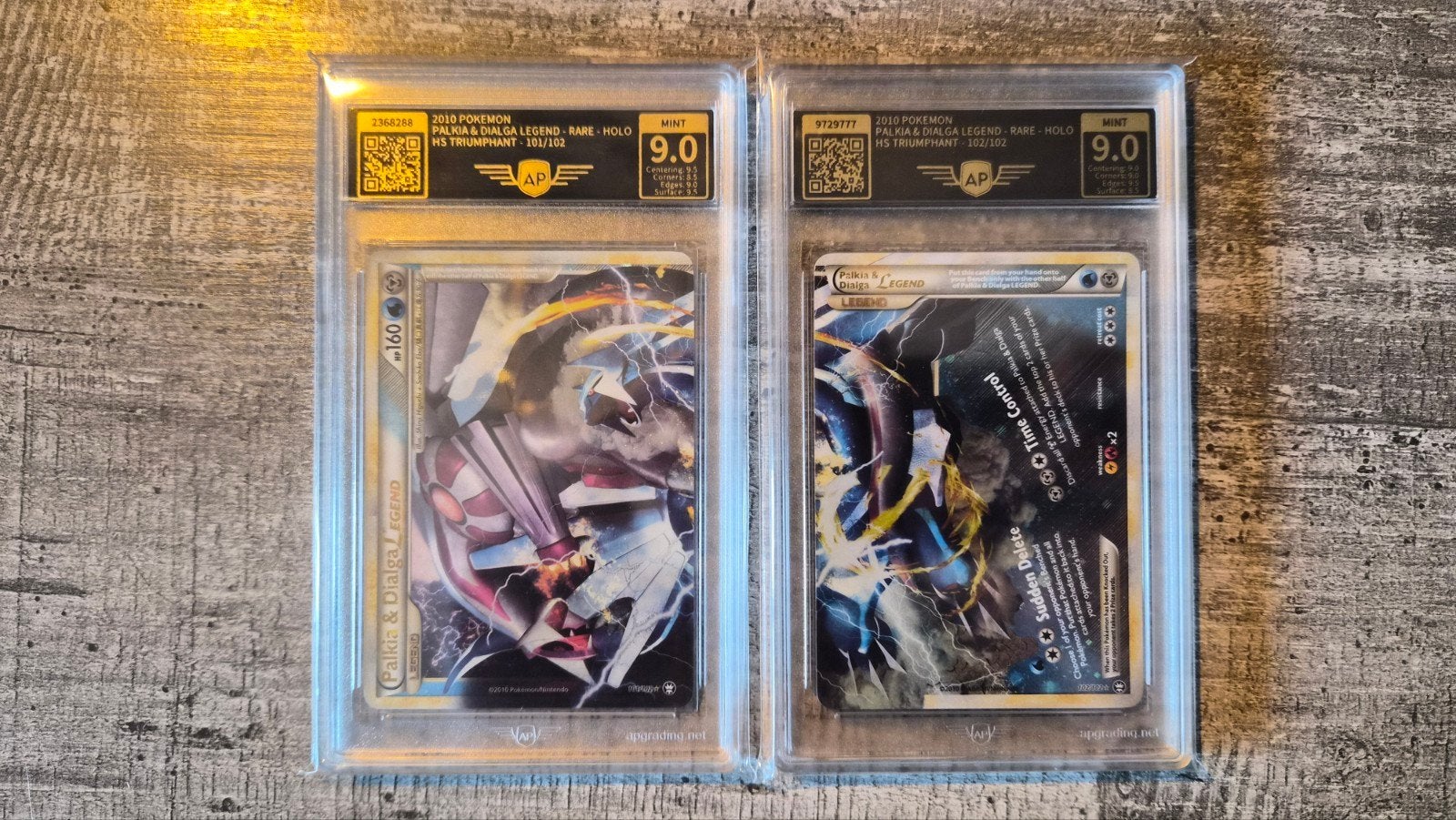 Palkia & Dialga LEGEND 101/102 + 102/102 AP Graded 9.0, Ophalen of Verzenden, Zo goed als nieuw, Meerdere kaarten