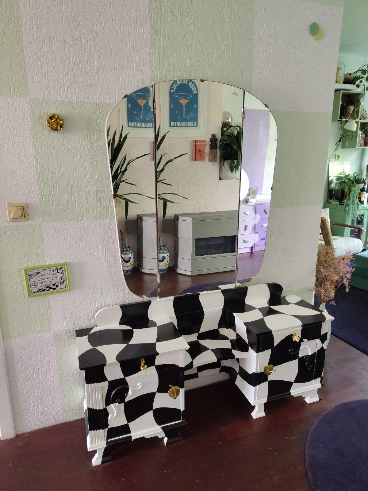 Unieke dressoir met spiegel - Zwart-wit geblokt design, Ophalen, 100 tot 150 cm, Zo goed als nieuw, Modern, Speels, Uniek, Geblokt