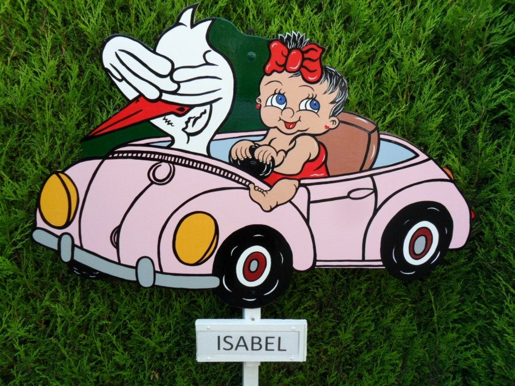 Geboortebord baby en ooievaar in roze auto, met naambordje., Kinderen en Baby's, Kraamcadeaus en Geboorteborden, Nieuw, Geboortebord