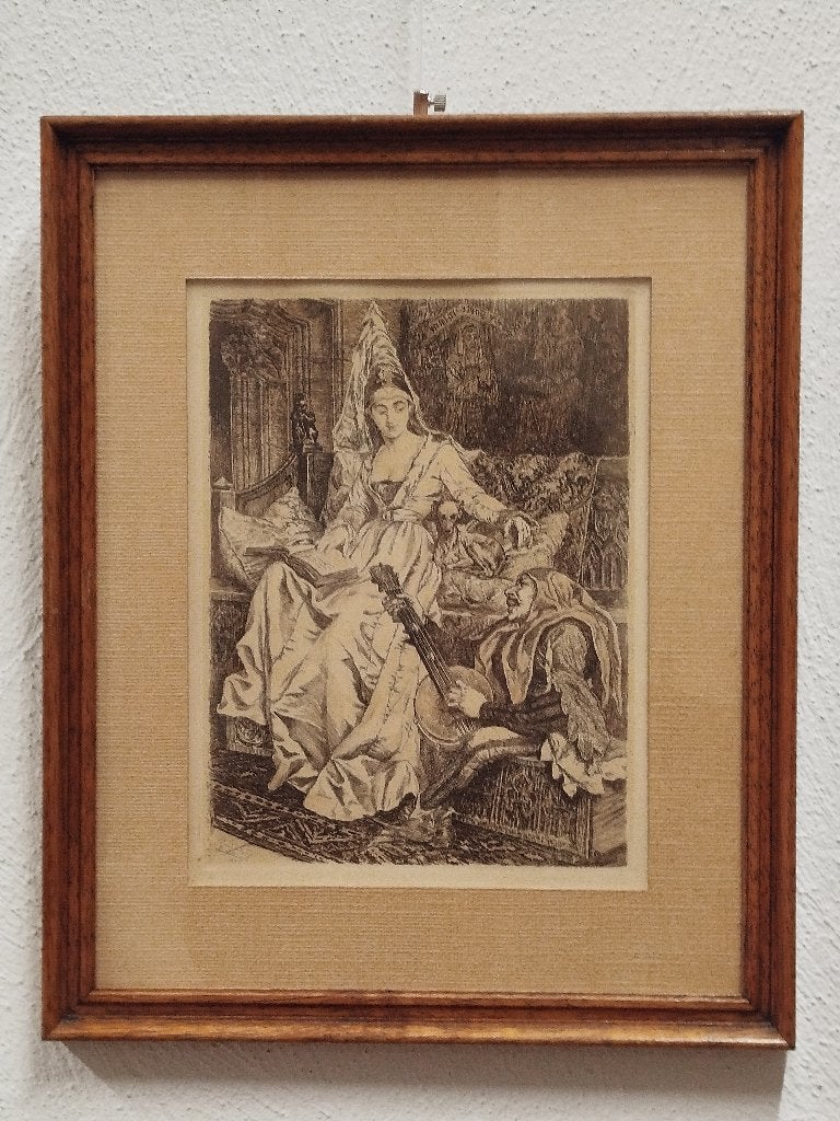 Mooie Ets in kader“Muziekuur” - Willem Geets in kader – 1892, Antiek en Kunst, Gedateerd, Portret of Personen, Overige technieken