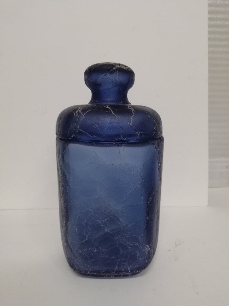 Vintage dekselpot van blauw craqueléglas Marcel Franck, Ophalen of Verzenden