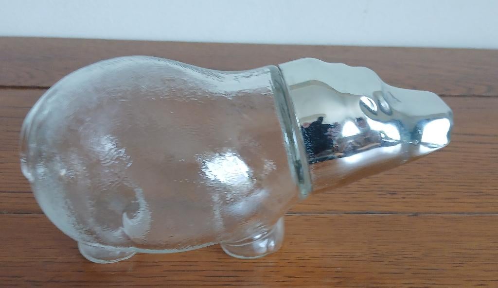 Vintage glazen notendispenser in de vorm van een nijlpaard, Zilver, Ophalen of Verzenden, Voorraadpot, Overige merken