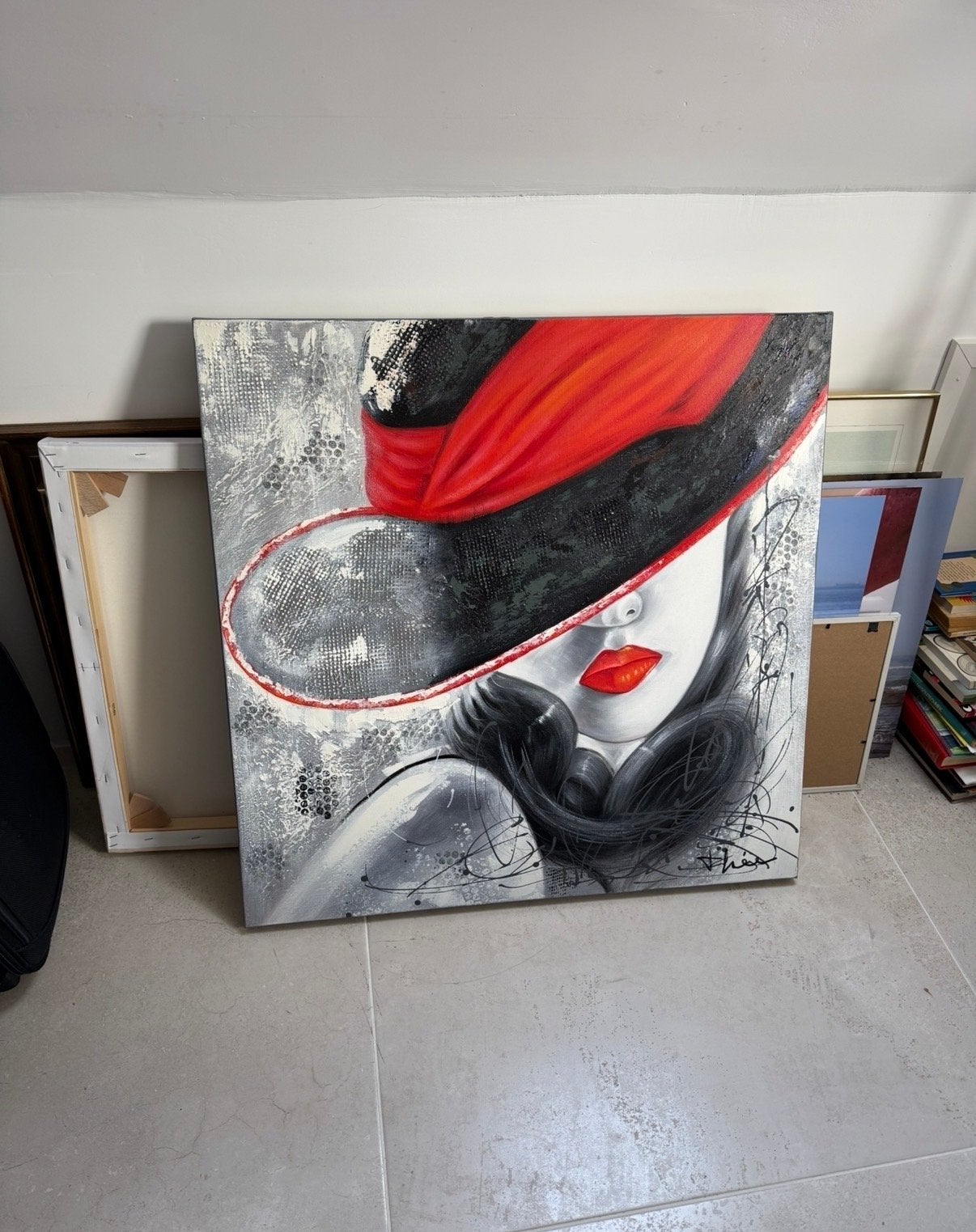 Modern schilderij: Vrouw met rode hoed en lippen, Ophalen, Acrylverf, Handgeschilderd, Portret