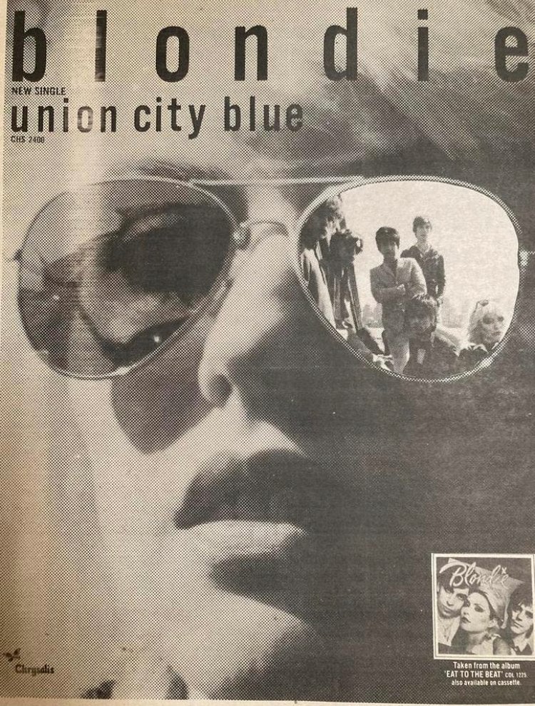 Paginagrote A3 advertentie BLONDIE Union City Blue release, Ophalen of Verzenden, Zo goed als nieuw, A1 t/m A3