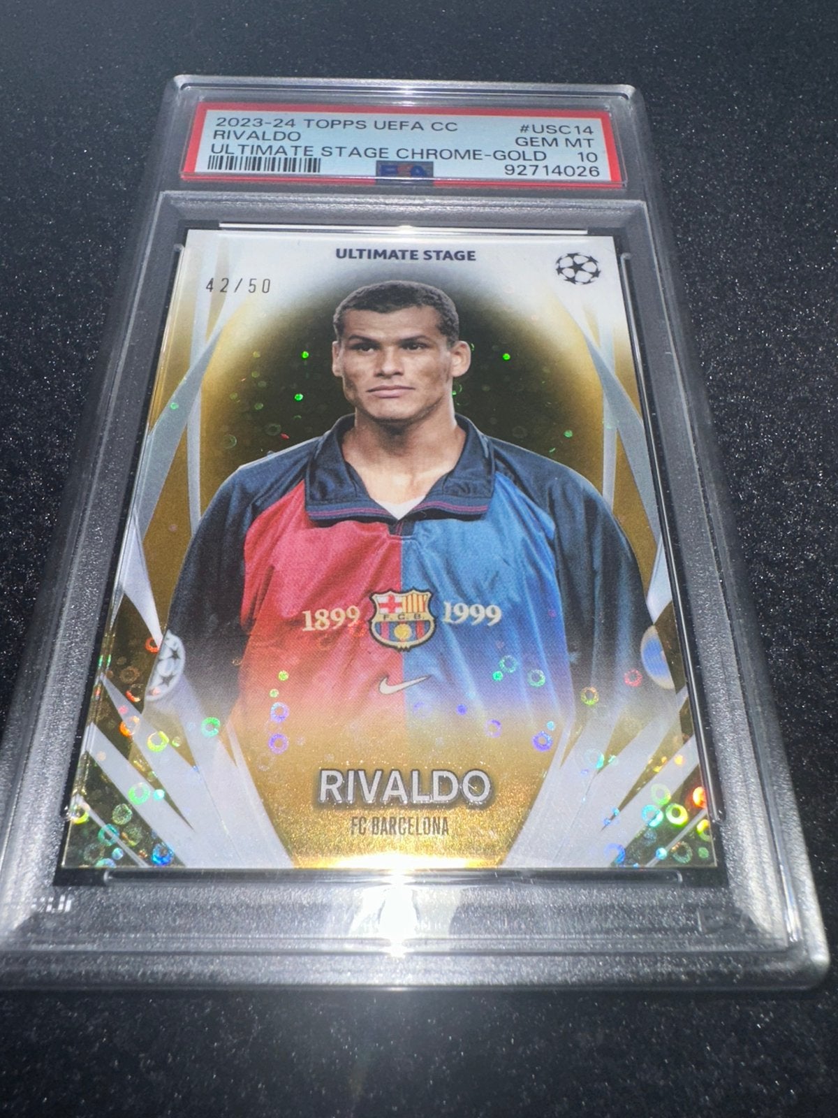 Rivaldo FC Barcelona Topps Chrome Gold /50 PSA 10, Ophalen of Verzenden, Nieuw, Plaatje