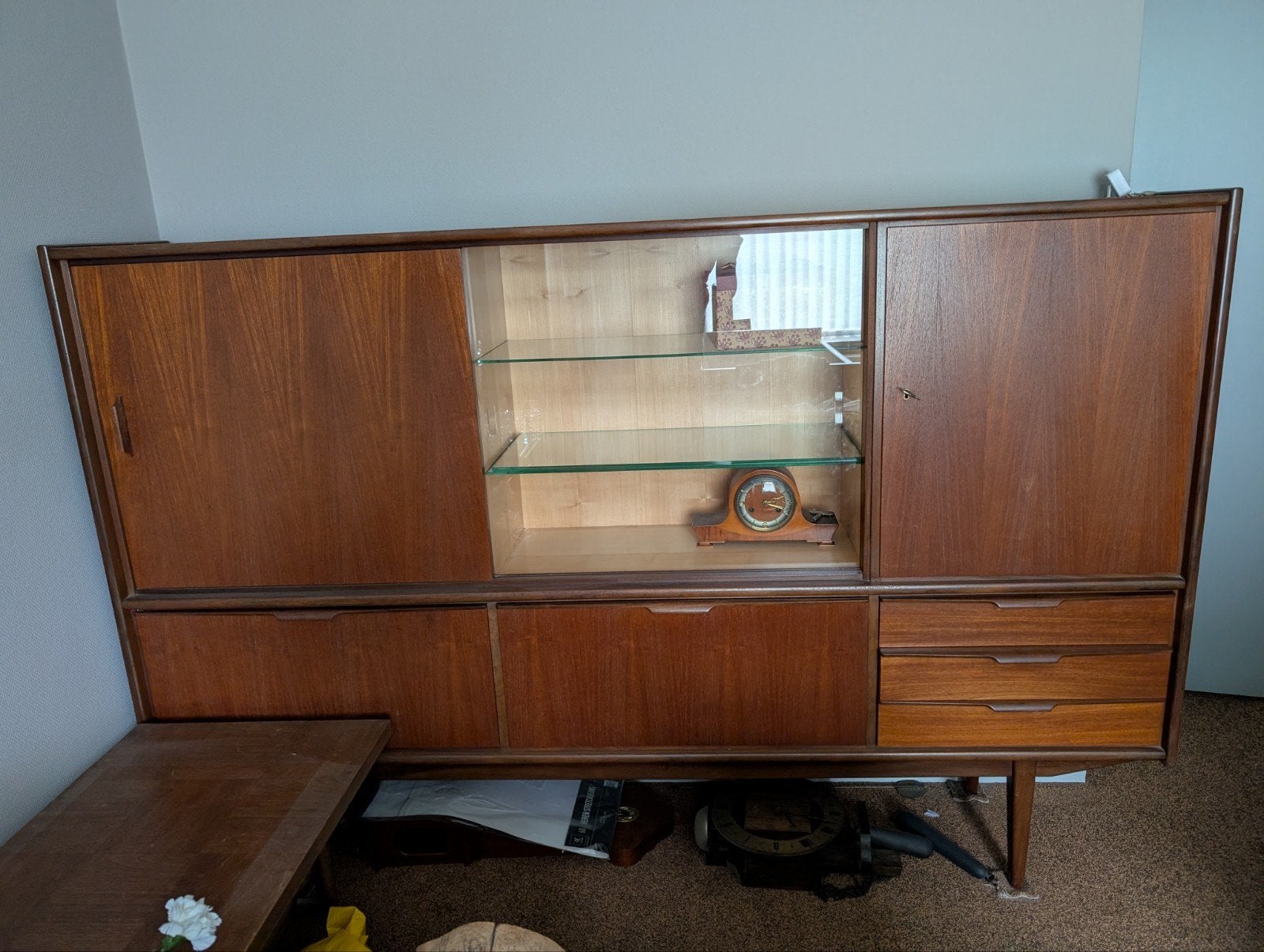 Vintage Teak Dressoir met Vitrine en Laden, Gebruikt, Met deur(en), Vintage, Mid-century modern, Glas