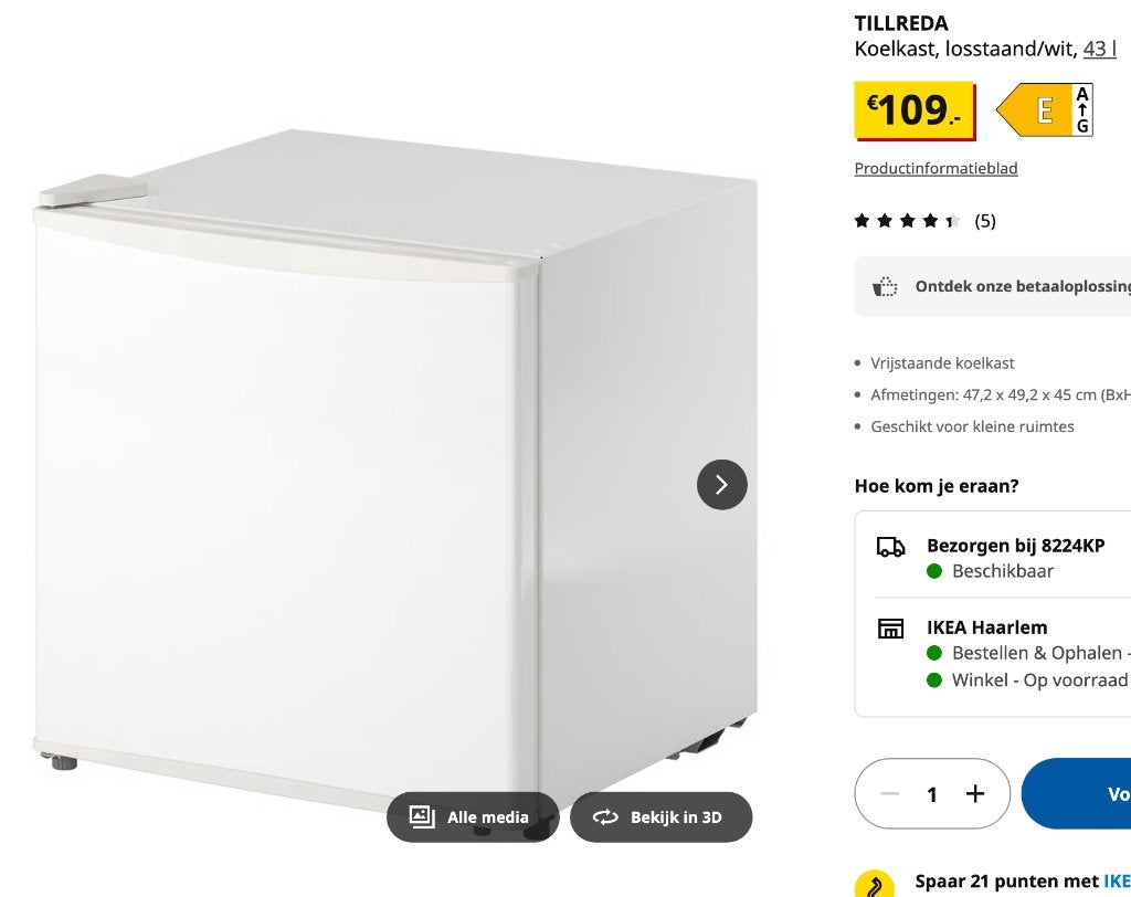 10x nieuwe koelkasten van ikea Tilreda, Ophalen, Minder dan 85 cm, Nieuw, Minder dan 75 liter