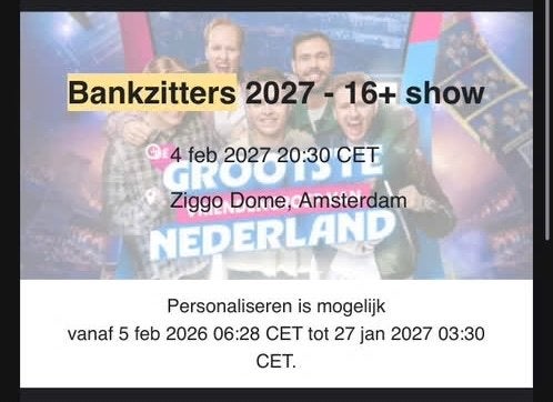 Tickets  Bankzitters 4 Februari 20:30, Tickets en Kaartjes, Twee personen, Februari