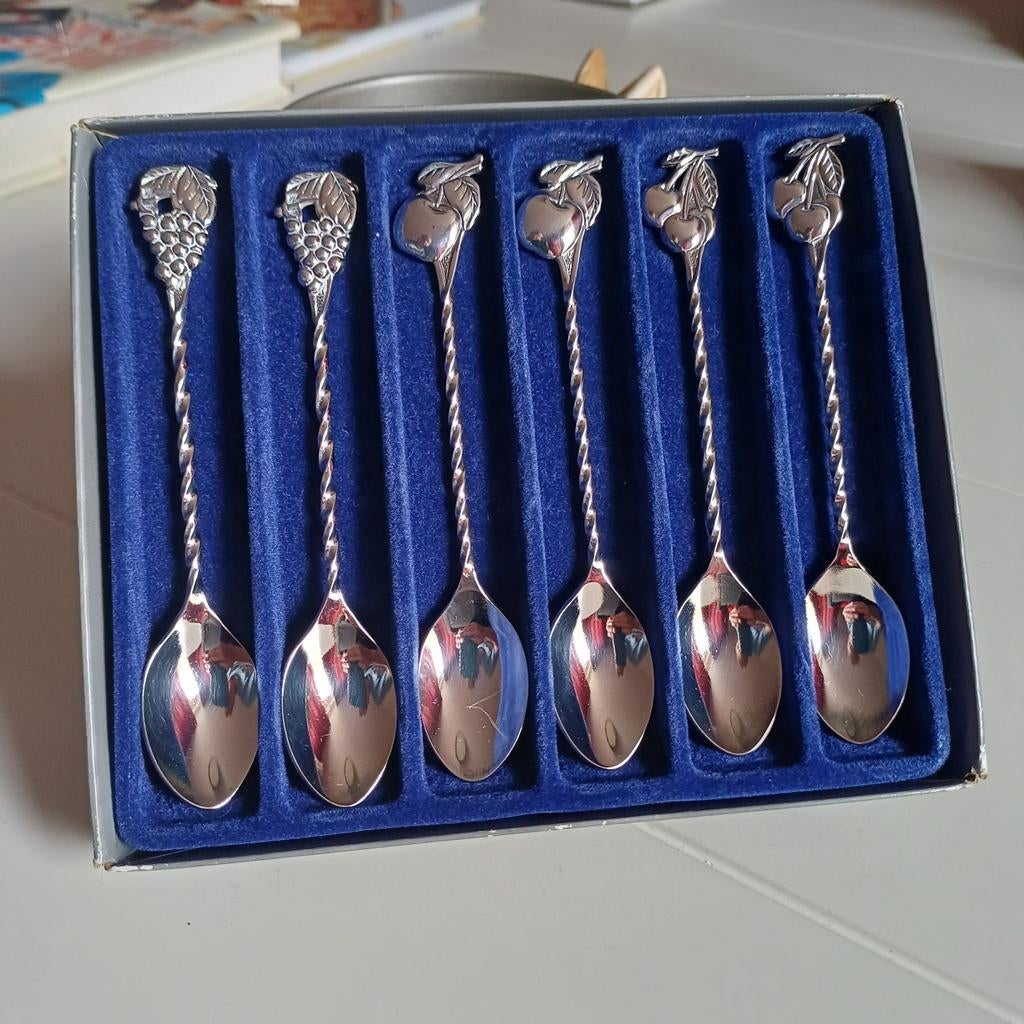 Set van 6 vintage zilverkleurige theelepeltjes met fruit, Ophalen of Verzenden