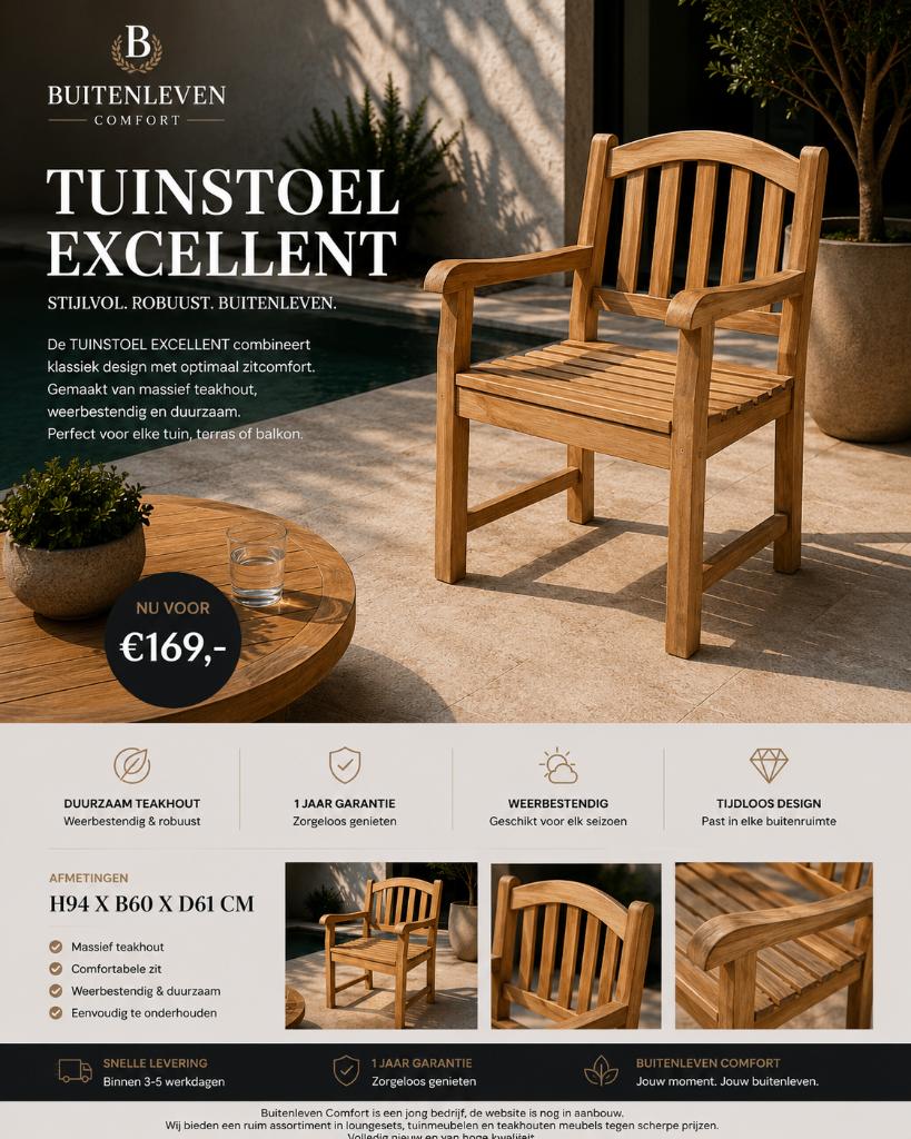 tuinstoel Excellent teak, Ophalen, Ds ph wolfertstraat 1a Marienberg, Buitenlevencomfort@gmail.com, Nieuw