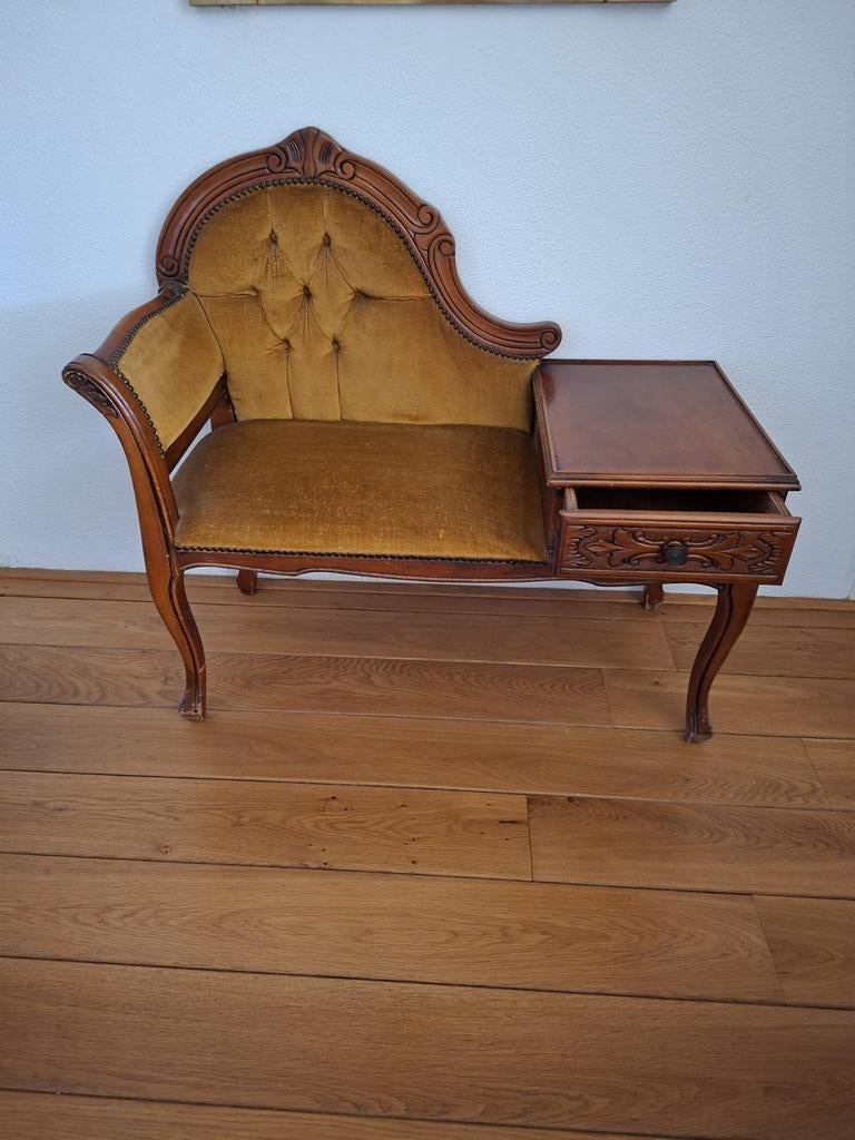 Antiek Louis XV Telefoonbankje met Goudkleurig Fluweel, Ophalen