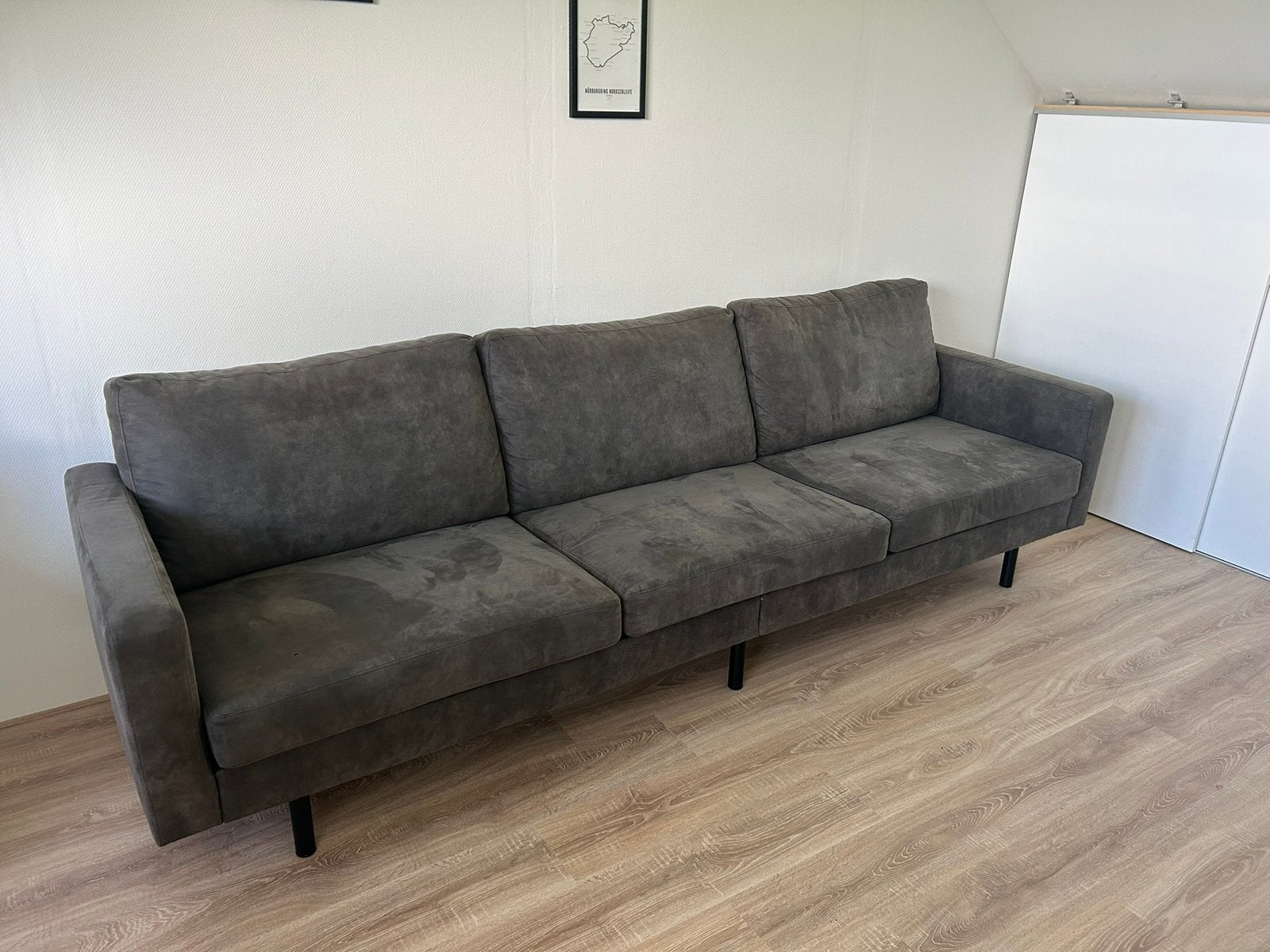 Suede 3-zitsbank groen grijs, Ophalen, Overige materialen, 250 tot 300 cm, Gebruikt