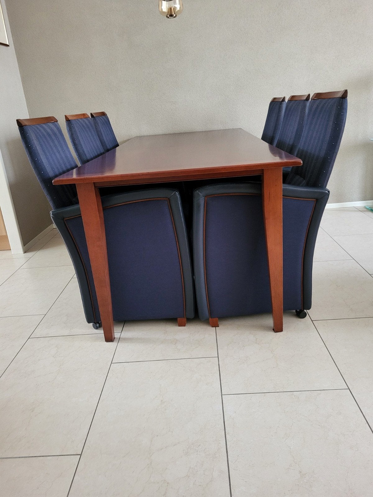 Kersenhouten eetkamertafel met 6 stoelen, Ophalen, Gebruikt, 200 cm of meer, 50 tot 100 cm