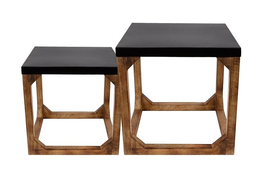 Salontafel set mango hout met metalen tafelblad, Ophalen of Verzenden, Nieuw, Zwart, Metaal