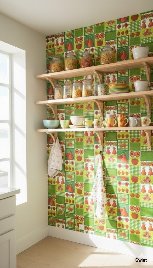 14266 vintage keukenbehang groen oranje fruit 70s swiet, Verzenden, Oranje