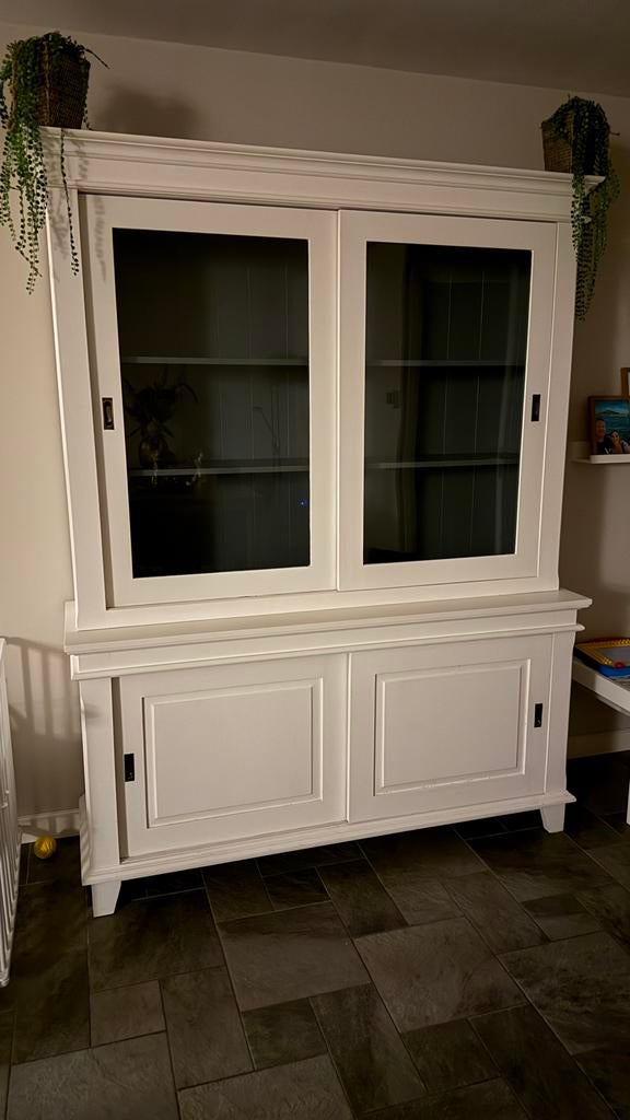 Buffetkast/vitrinekast  wit met glazen schuifdeuren-2 delen, Huis en Inrichting, Kasten | Buffetkasten, Ophalen, Gebruikt, 200 cm of meer