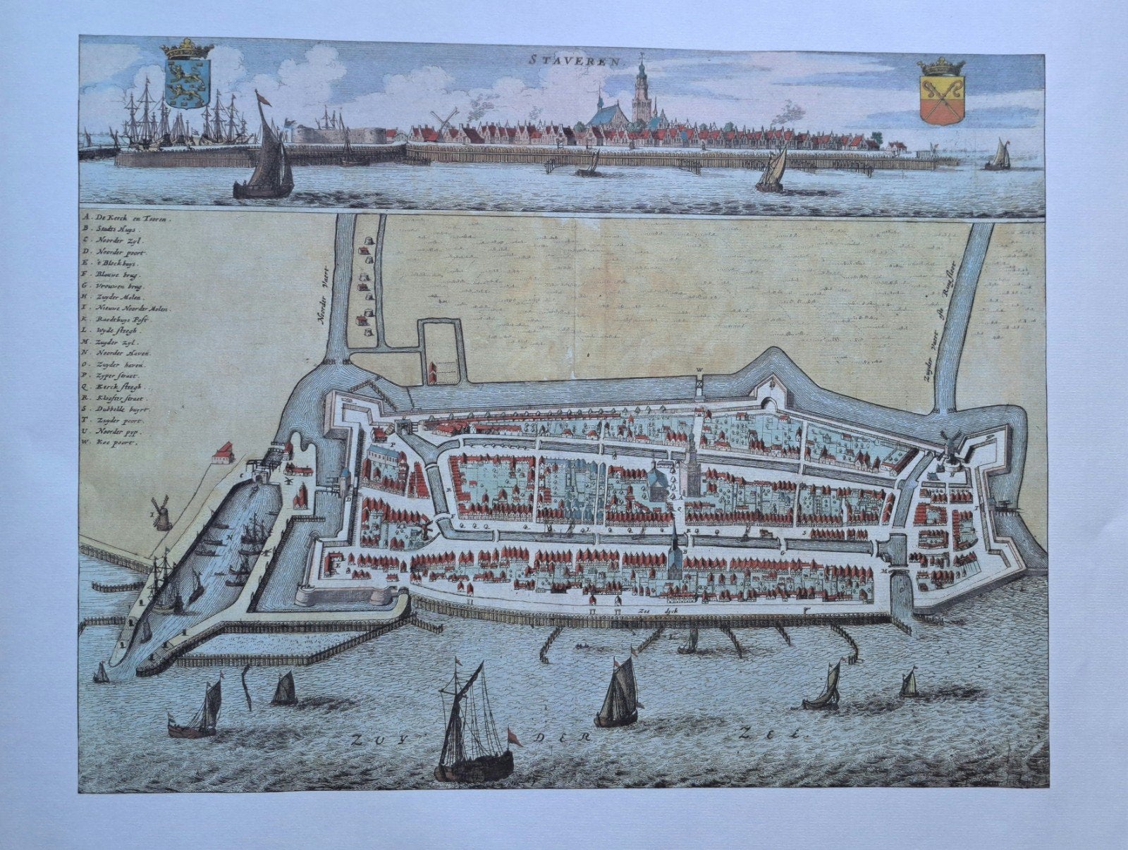 Kleurenreproductie 17e eeuwse stadsplattegrond Stavoren, Ophalen, 1800 tot 2000, Nederland, Landkaart
