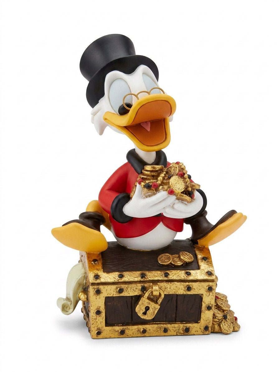 Dagobert Duck op geldkist (beeldje), Verzamelen, Disney, Ophalen of Verzenden, Donald Duck, Zo goed als nieuw, Beeldje of Figuurtje