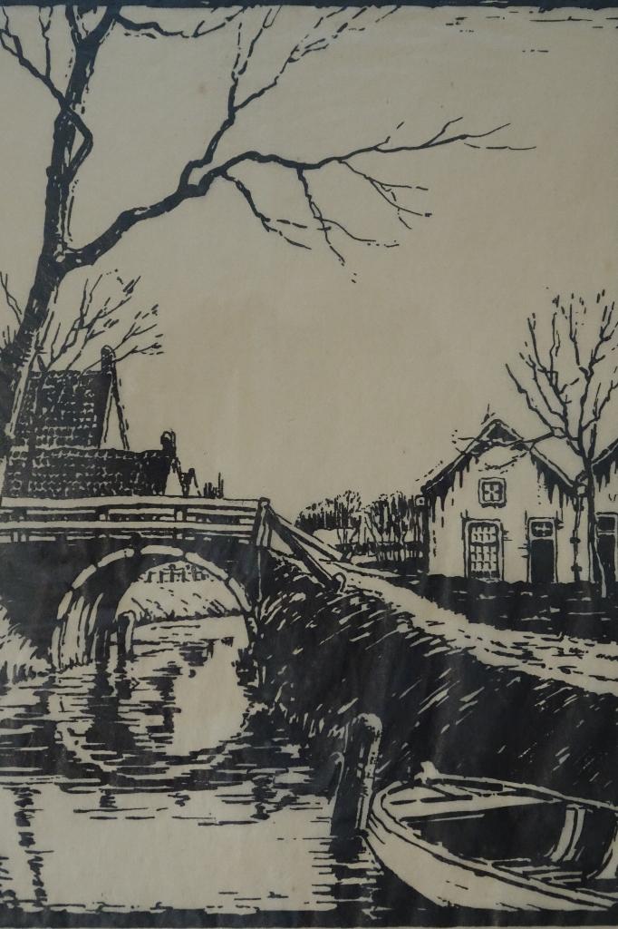 houtsnede brug Lange Houtweg in Loosduinen, C. Steiger 1930, Landschap, 1950 - 1999, Verzenden, Houtsnede