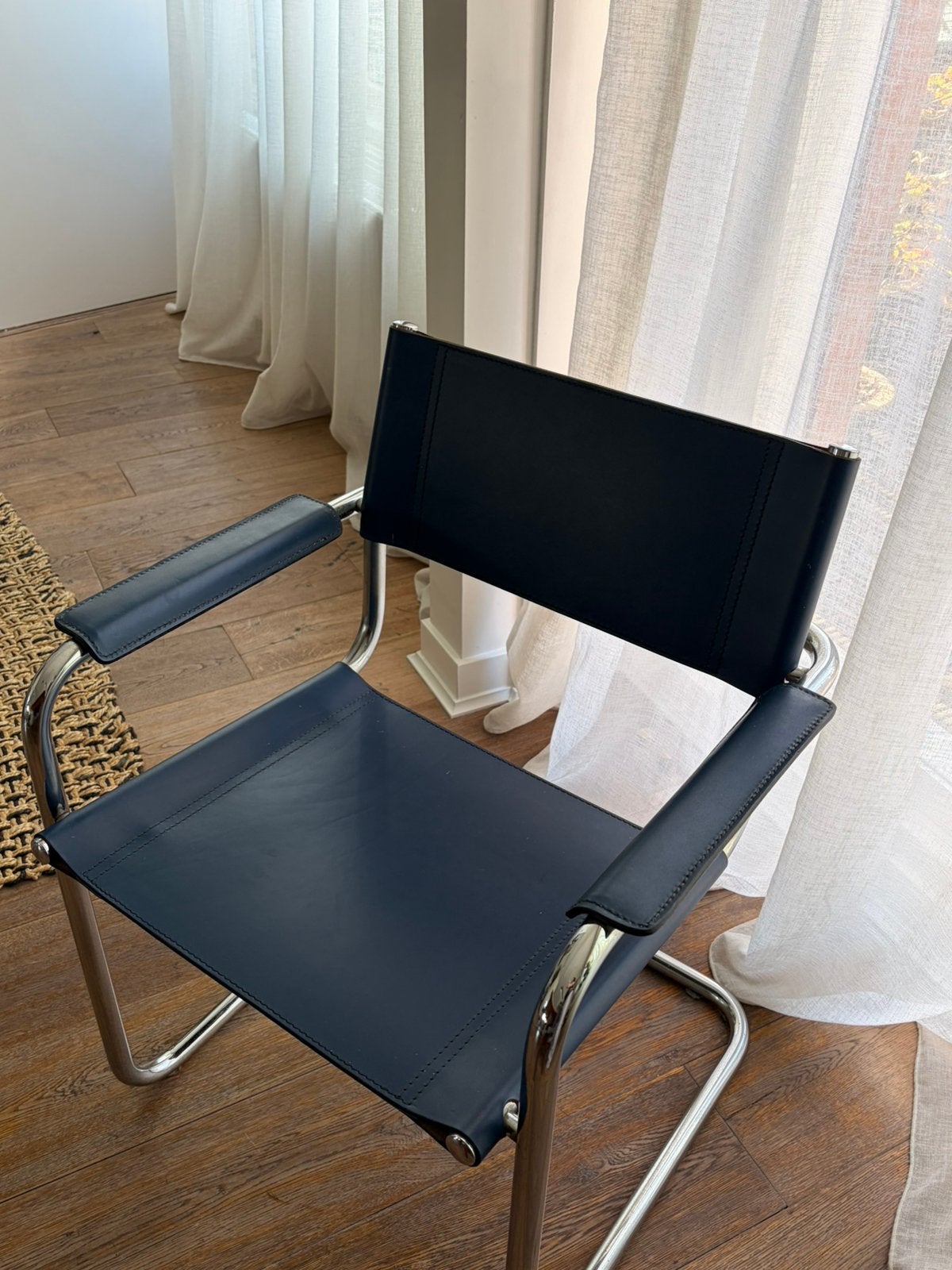 Blauw leer en chroom buisframe stoelen - Marcel Breuer style, Ophalen, Twee, Blauw, Leer