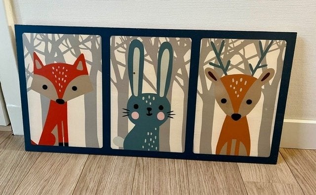 Bos Dieren 'schilderij' print op Hout Vos Haas en Hert, Ophalen, Zo goed als nieuw, Meubelstuk of Keukentje