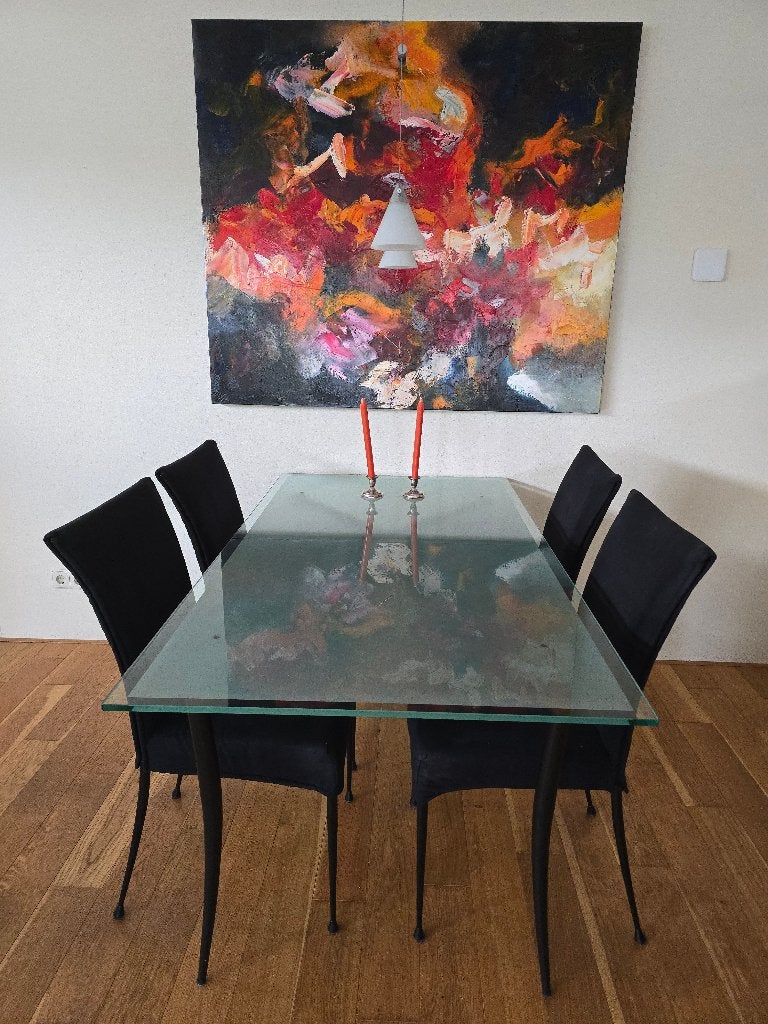 Glazen Eettafel met 4 Zwarte Stoelen - 160x85 cm, Ophalen, Gebruikt, 50 tot 100 cm, Glas