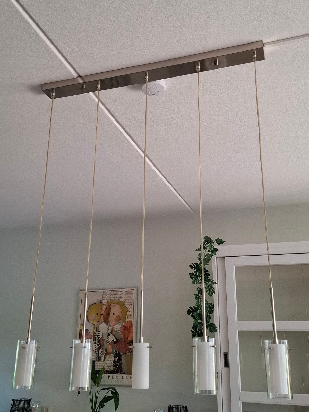 Hanglamp met 5 lampjes, 90 cm breed, Huis en Inrichting, Lampen | Hanglampen, Ophalen of Verzenden, Gebruikt, Glas