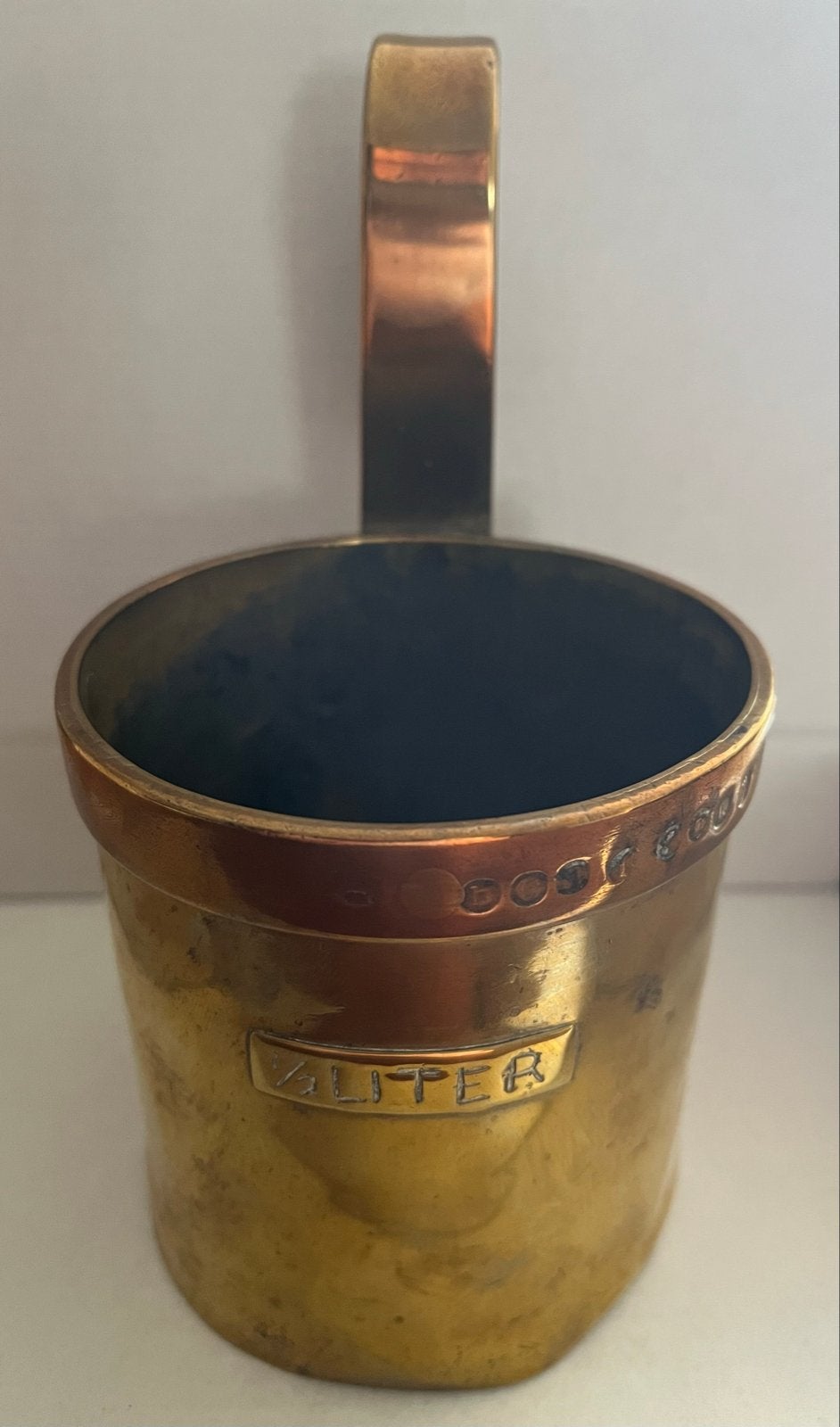 Antieke messing halve litermaat met handvat, Ophalen of Verzenden