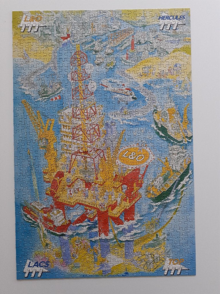 vintage reclame legpuzzel olieboorplatform, Ophalen of Verzenden, 500 t/m 1500 stukjes, Gebruikt, Legpuzzel