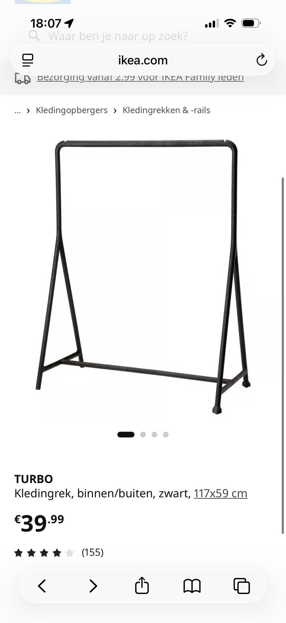 IKEA Turbo Kledingrek - Zwart, 117x59 cm, Ophalen of Verzenden, Met wielen, Gebruikt