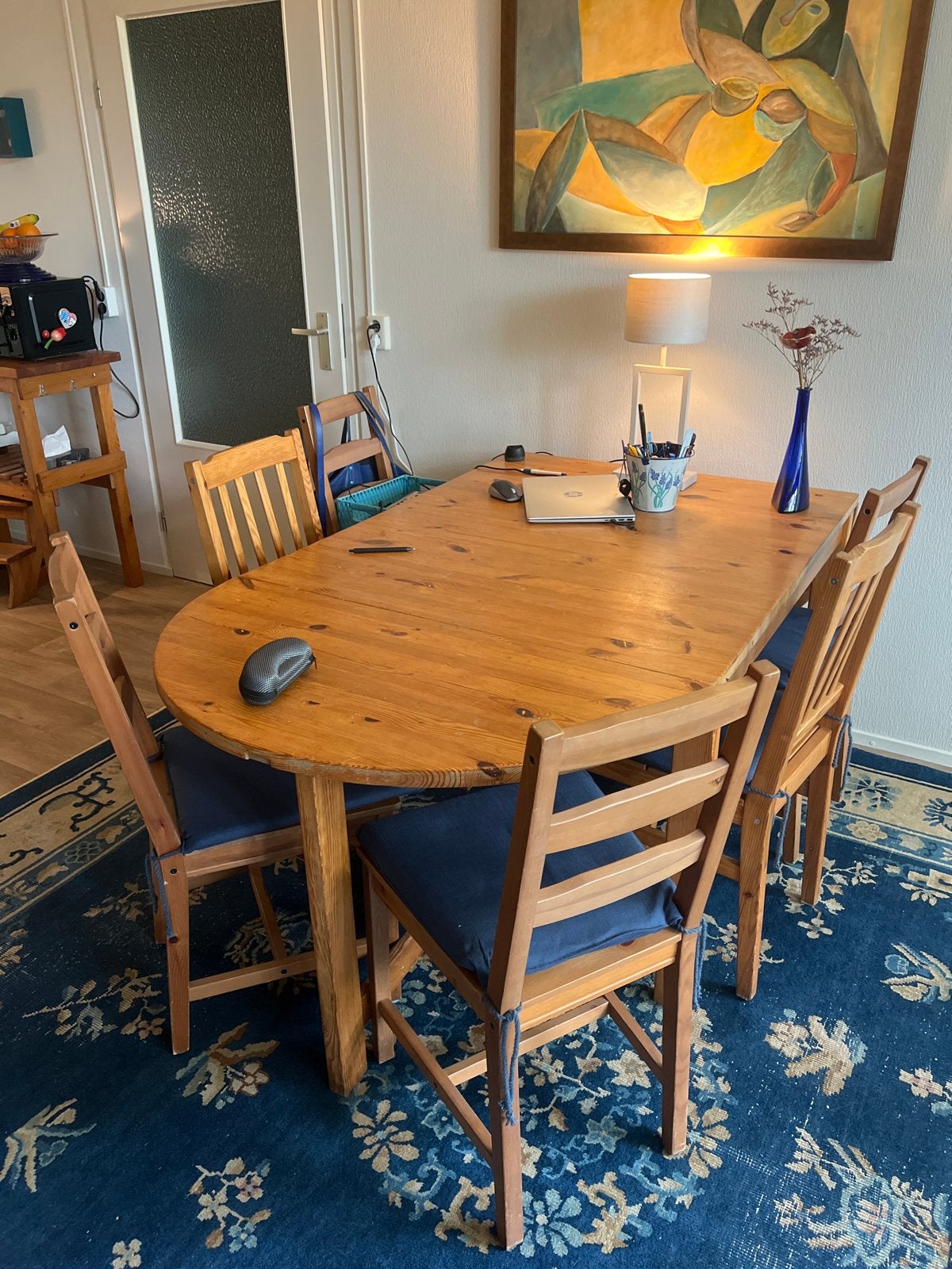 IKEA grenen inklapbare tafel met 6 stoelen en kussens, Ophalen, Gebruikt, 200 cm of meer, 50 tot 100 cm