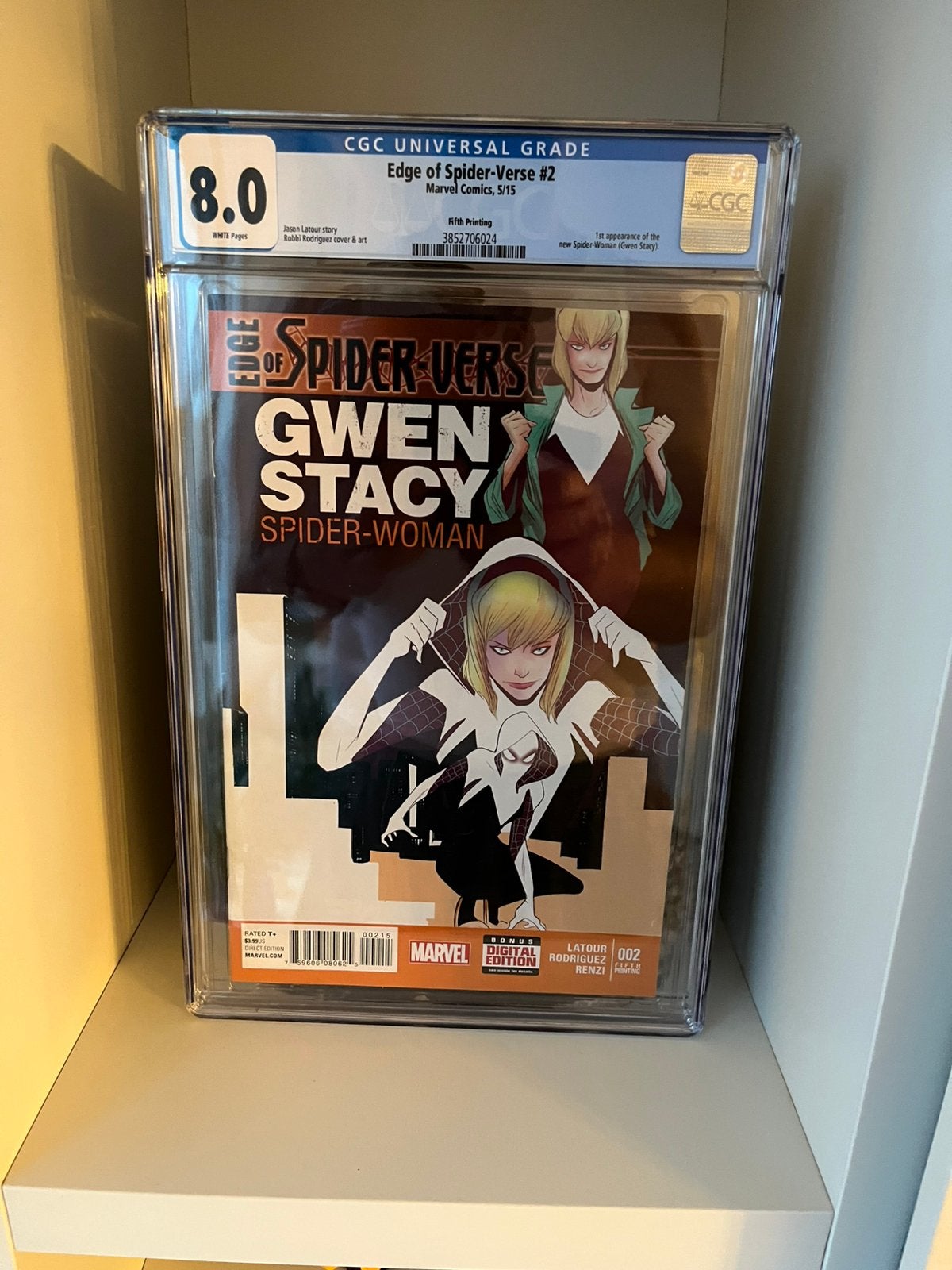 Edge of Spider-verse #2, 5th printing, CGC 8.0 white pages, Eén comic, Ophalen of Verzenden, Zo goed als nieuw, Amerika