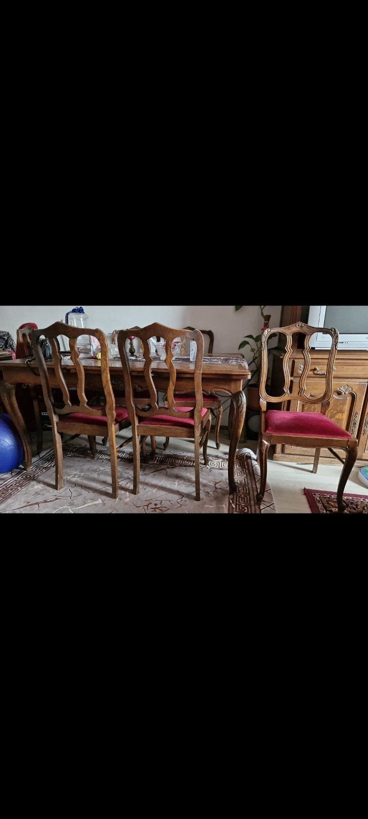 Antieke eetkamerstoelen met rode velours bekleding, Ophalen