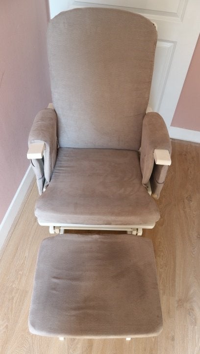Schommelstoel verstelbaar hout wit grijs babykamer relax, Huis en Inrichting, Stoelen, Ophalen, Gebruikt, Wit, Stof