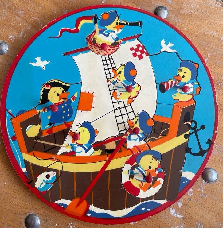 Vintage Simplex Toys ronde Houten Puzzel Eendjes op Schip, Ophalen of Verzenden, Gebruikt, Overige typen