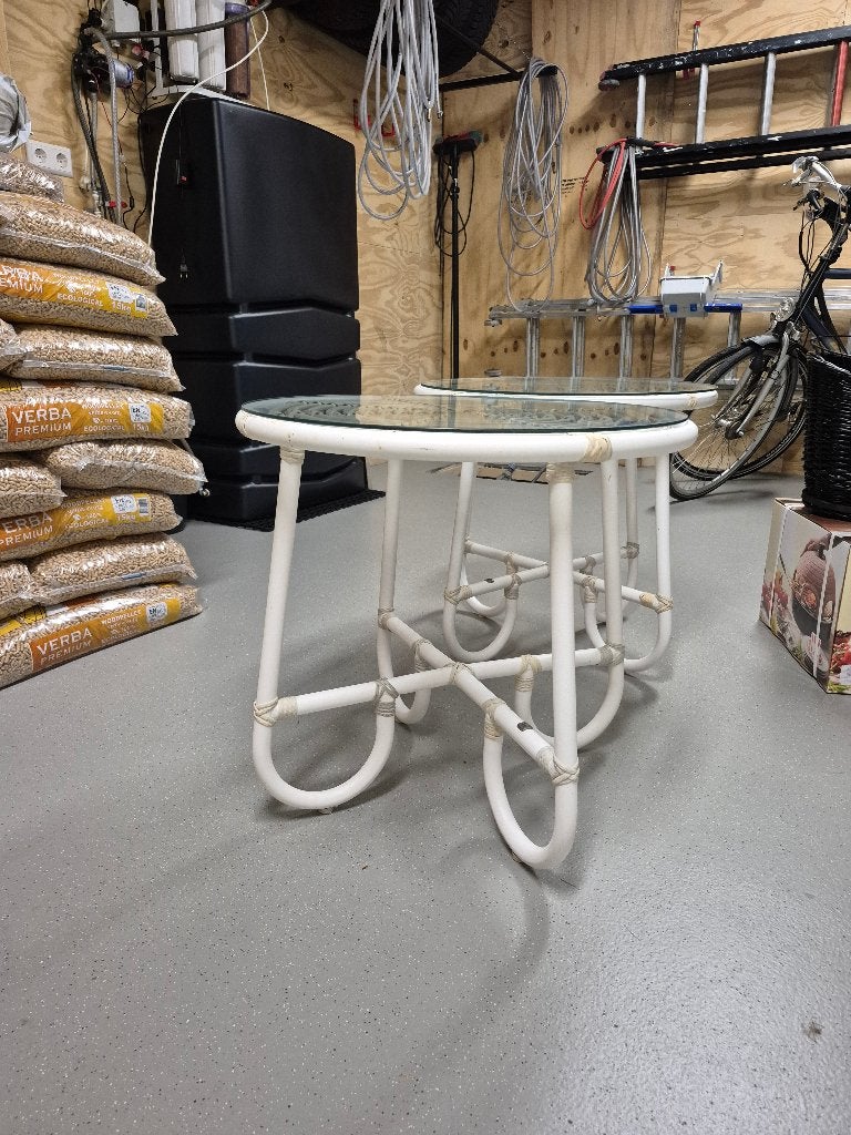 2 Ronde bijzettafels, Huis en Inrichting, Tafels | Bijzettafels, Overige materialen, Minder dan 55 cm, Buiten en binnen, Rond