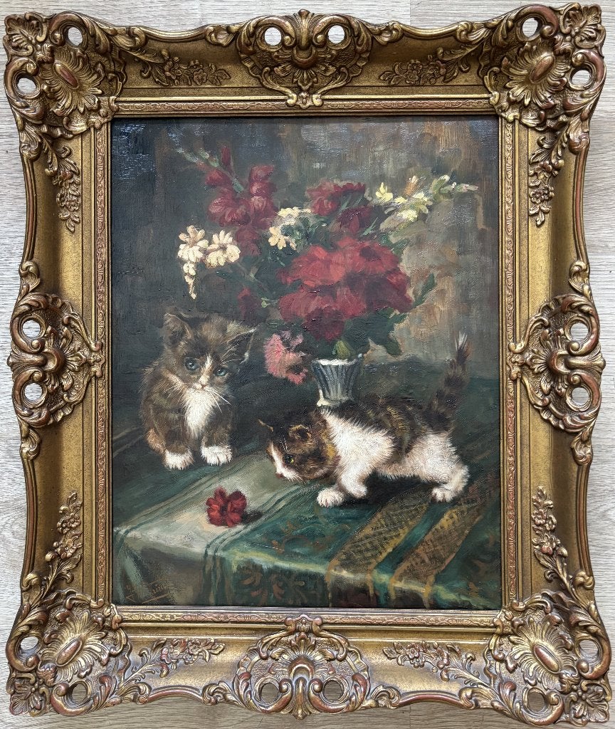 Johannes Wouterus van Trirum (1924-2011) - Spelende kittens, Doek, Dieren, Ophalen of Verzenden, Olieverf