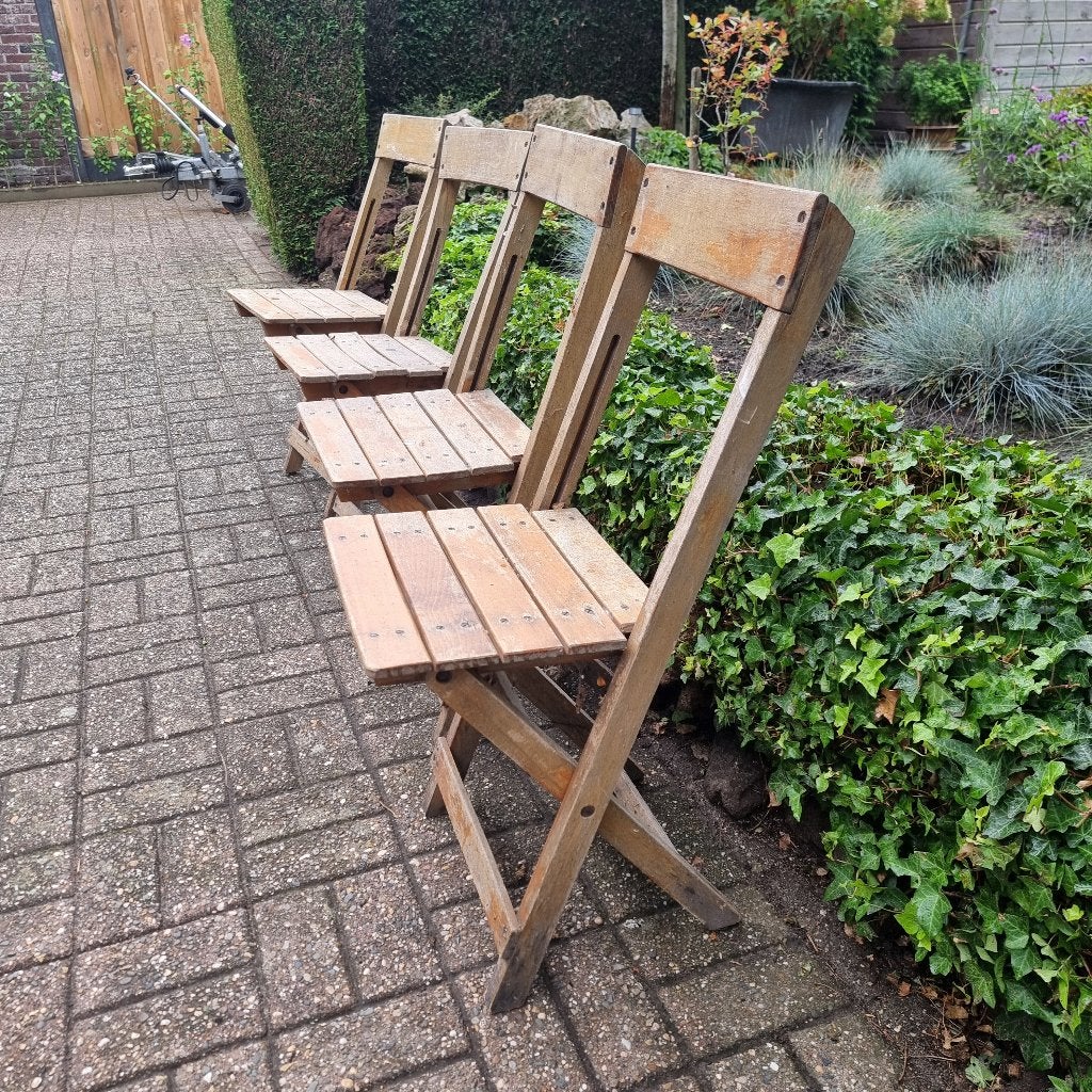 4 houten cafe-terrasstoeltjes, inklapbaar, jaren 70, Ophalen, Gebruikt, Hout, Inklapbaar