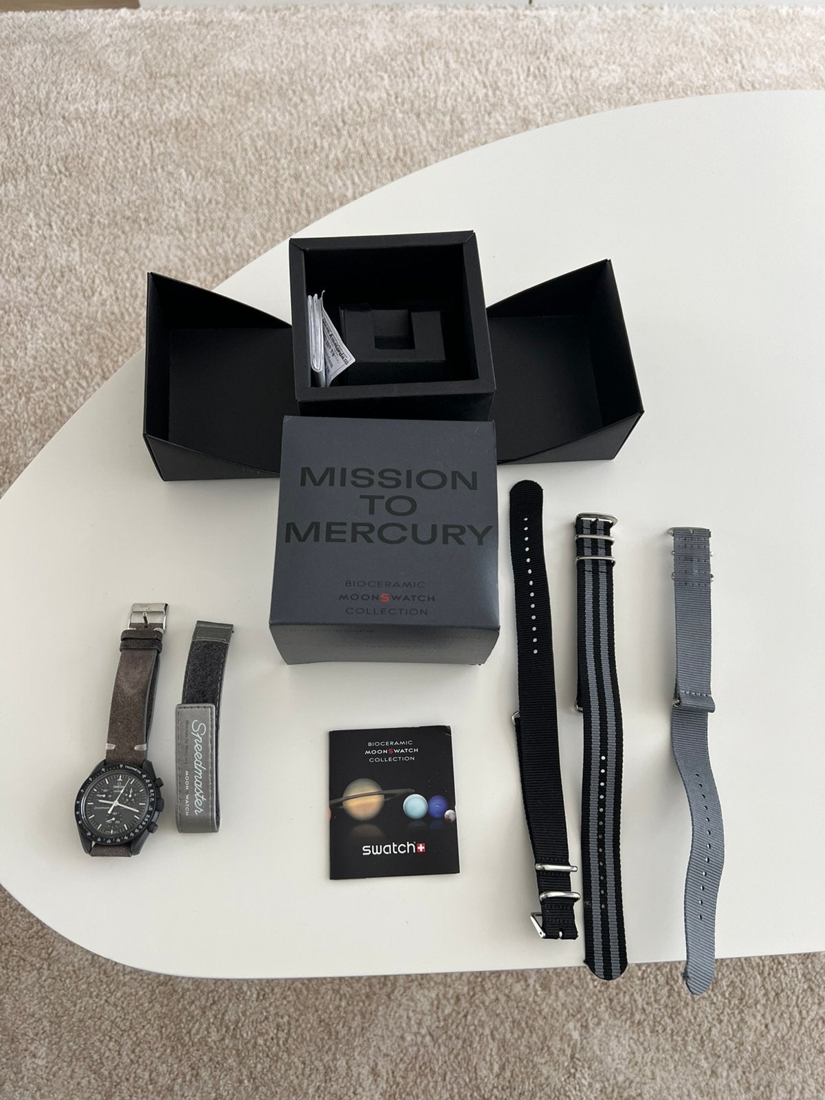 Omega x Swatch Mission to Mercury met 4 extra bandjes, Kunststof, Gebruikt, Polshorloge, Ophalen of Verzenden