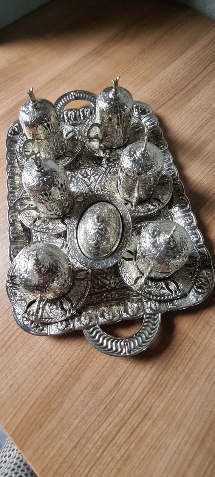 Zilverkleurige Turkse Koffieset met Dienblad - 6 Persoons, Ophalen of Verzenden
