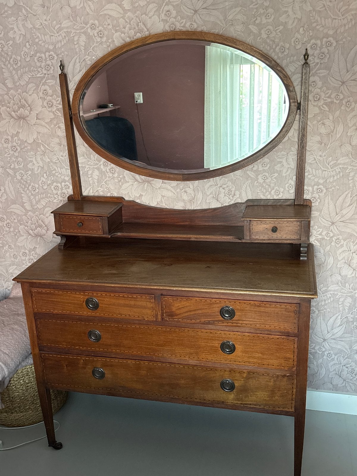 Antieke kaptafel/commode met spiegel, massief hout, inlegwer, Antiek en Kunst, Ophalen