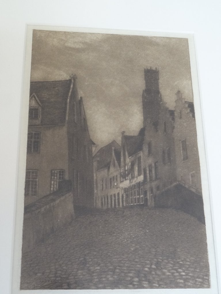 ets straatje Brugge voor 1918, Omer Coppens 1864-1926, Stadsgezicht, Ingelijst, 1900 - 1949, Verzenden