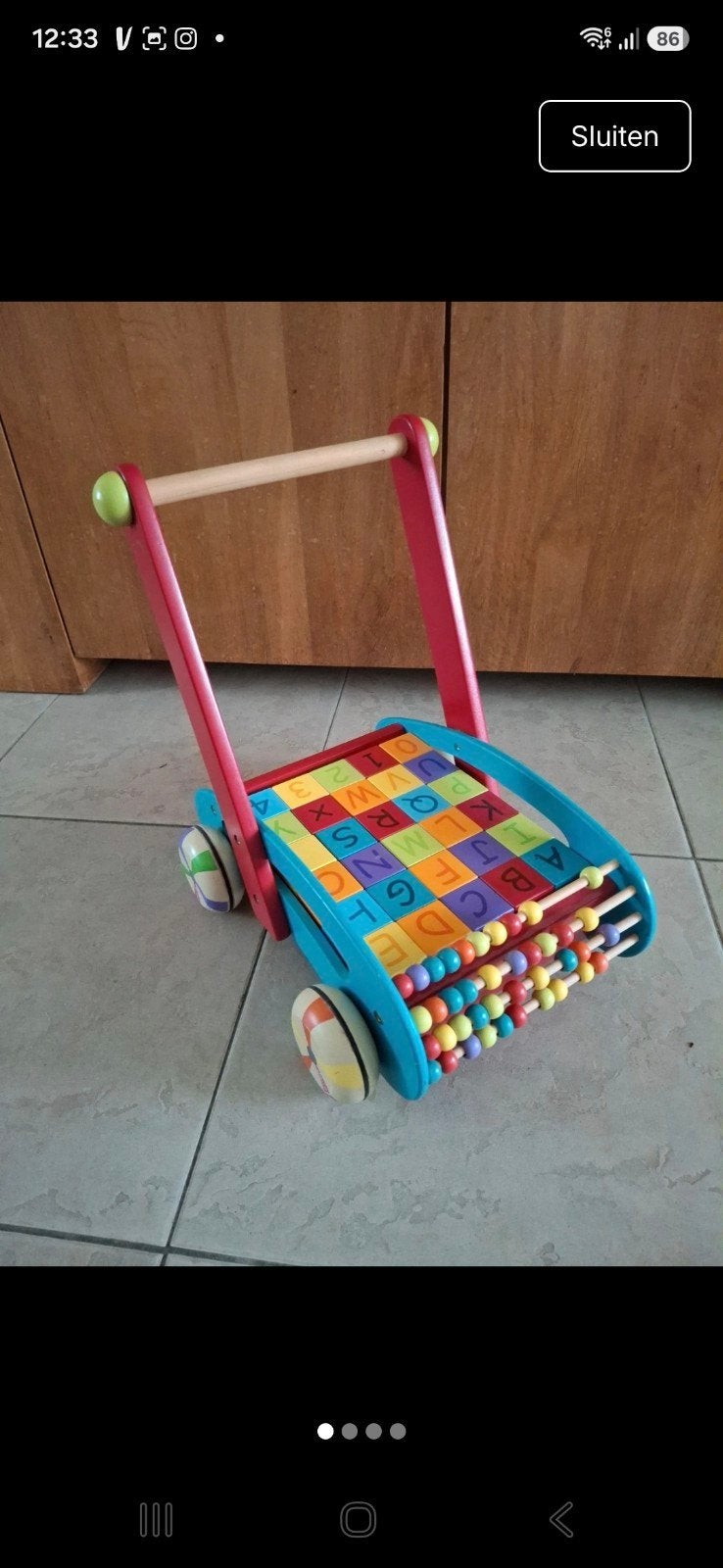 houten loopwagen met alfabet blokken en telraam, Ophalen, Gebruikt, Duw- of Trekspeelgoed