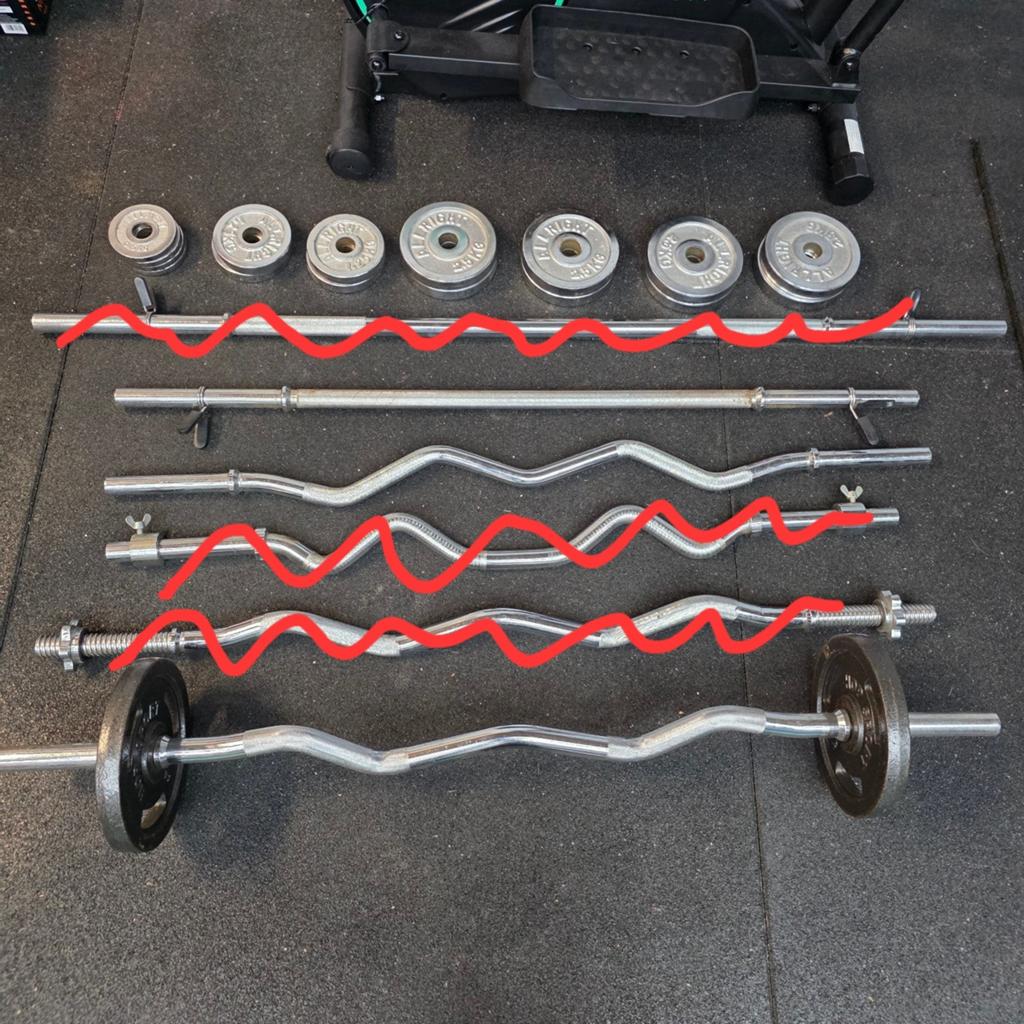 Diverse EZ curl- rechte halterstangen chromen schijven 27kg., Ophalen, Gebruikt, Halterstangen