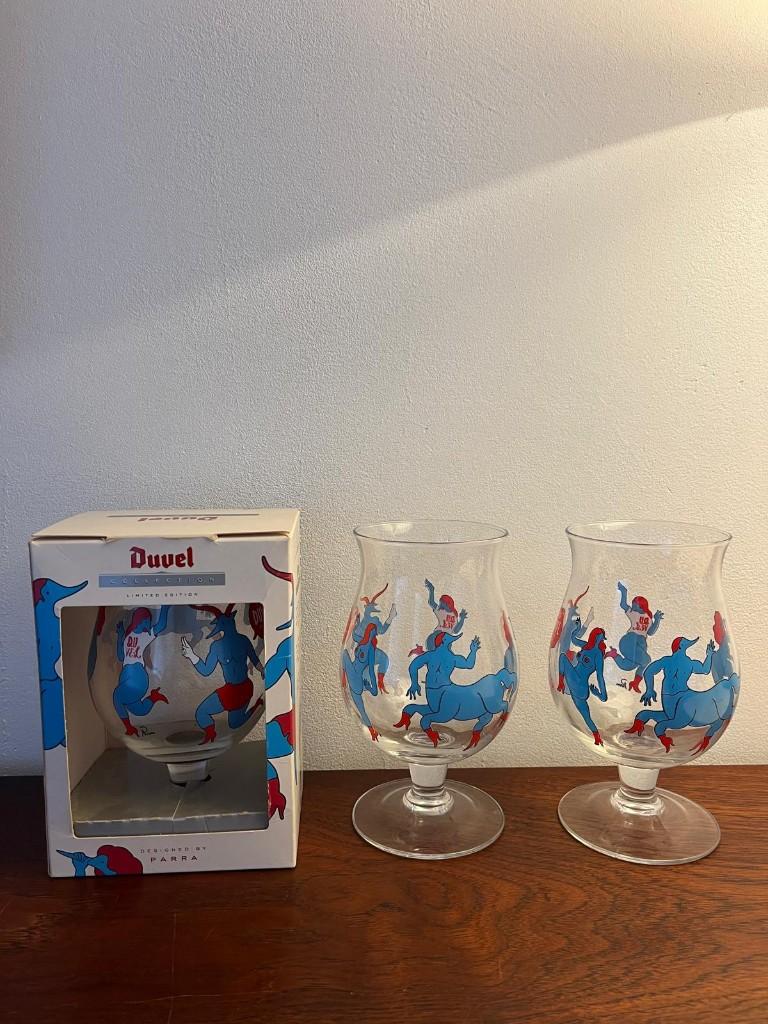 3 Piet Parra Duvel bierglazen / woei supreme huf glas stussy, Ophalen of Verzenden, Zo goed als nieuw, Glas of Glazen, Duvel