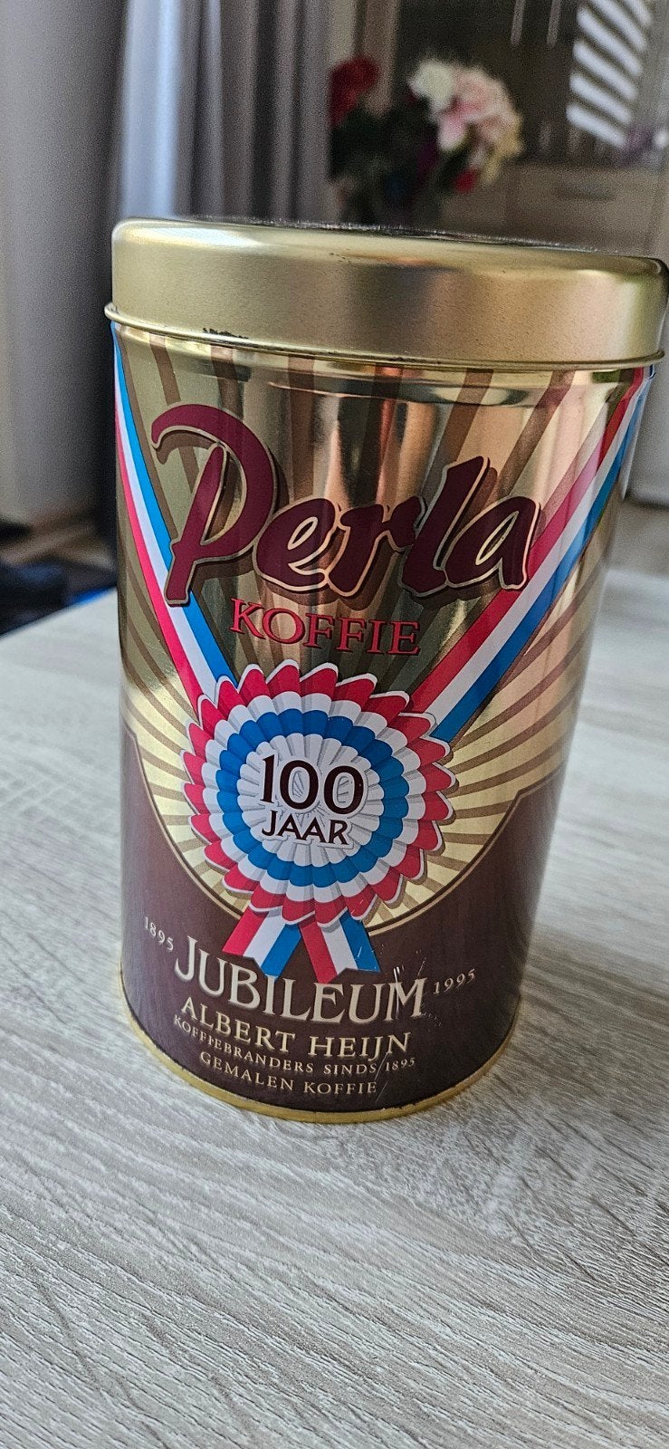 Perla Koffie Jubileum Blik 100 Jaar Albert Heijn 1895-1995, Ophalen of Verzenden, Gebruikt, Koffie, Overige merken