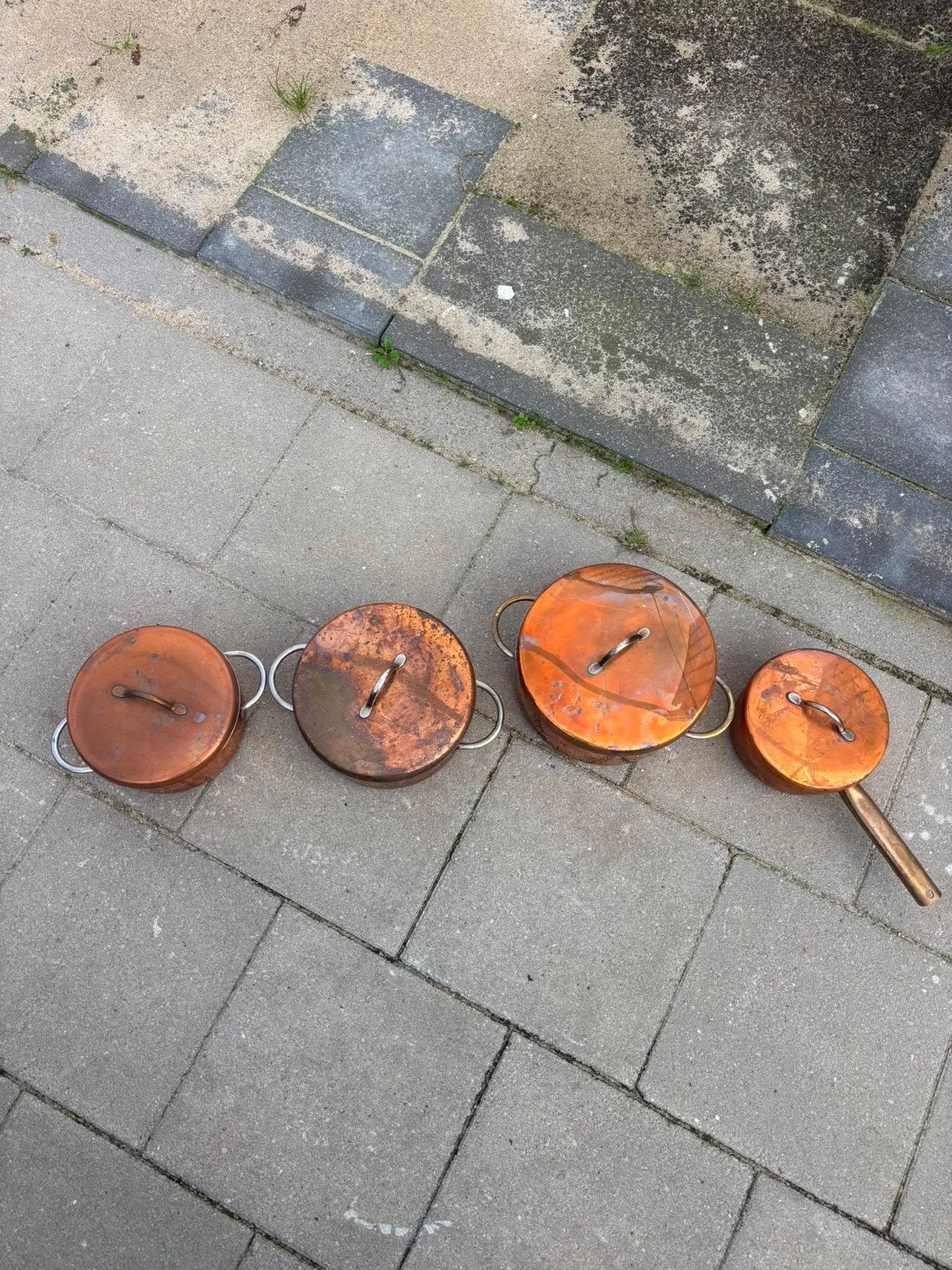 Complete koperen pannenset met deksels, Ophalen, Pannenset, Met deksel, Koper