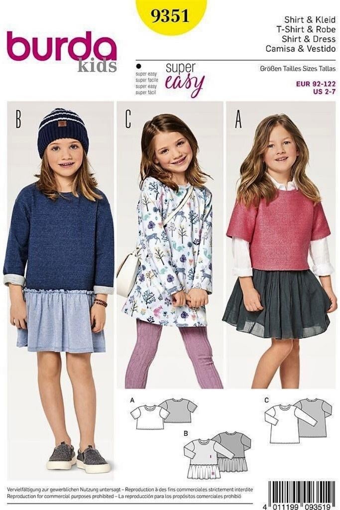 Burda Naaipatroon 9351 - t-shirt en jurk Meisje, Kind, Nieuw, Trui, Burda